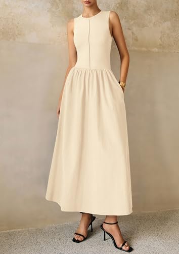 Image of PRETTYGARDEN Maxi Dresses for Women 2026 Summer Casual Sleeveless Patchwork Flowy Vacation Sundress Knit Long Work Tank Dress