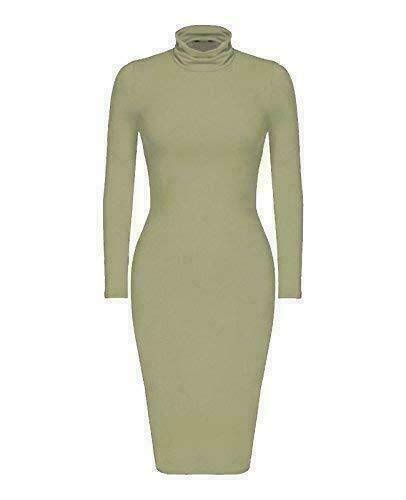 Shop Nova® Plain Polo Neck Long Sleeve Midi Dress Ladies Stretch Bodycon Fancy Casual Dresses for Women Party Knee Length Maxi Longline Tops UK Size 8-26 (Khaki, 16)