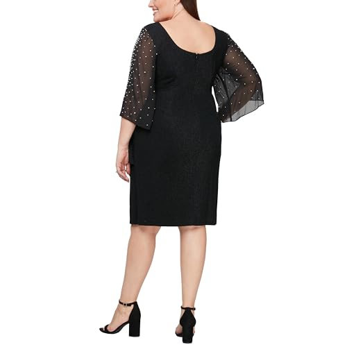Alex Evenings Women's Plus Size Short Sheath Metallic Cocktail Dress with Embellished Sleeves and Cascade Ruffle Skirt2