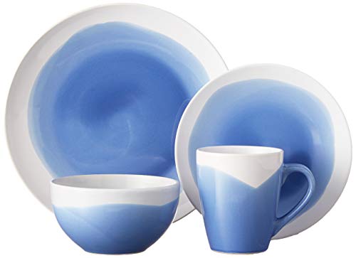 American Atelier Round Dinnerware Sets | Blue & White Kitchen Plates, Bowls, and Mugs | 16 Piece Stoneware Oasis Collection 10.5 x 10.5 | Dishwasher & Microwave Safe | Service for 4