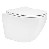 ECD Germany Spülrandloses Hänge WC kurz 49 cm Weiß glänzend mit Nano Beschichtung, Wand-WC, Toilette mit abnehmbaren WC-Sitz aus Duroplast Softclose Absenkautomatik, Tiefspüler WC Keramik Lotus Effekt