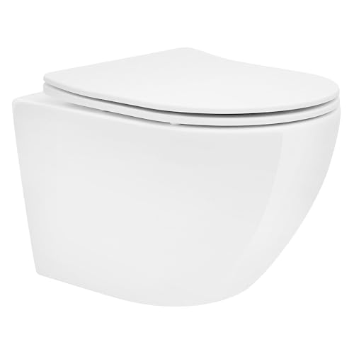 ECD Germany Spülrandloses Hänge WC kurz 49 cm Weiß glänzend mit Nano Beschichtung, Wand-WC, Toilette mit abnehmbaren WC-Sitz aus Duroplast Softclose Absenkautomatik, Tiefspüler WC Keramik Lotus Effekt
