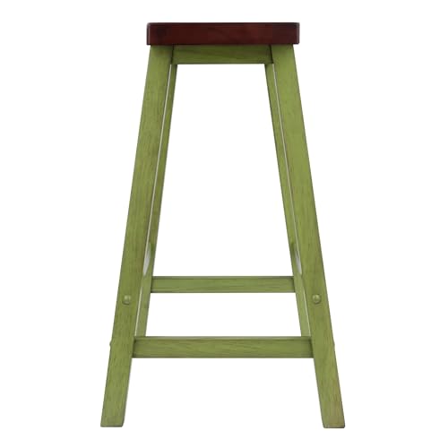 Image of Winsome Satori Saddle Seat 24In Counter Stool Rustic Green and Walnut Finish