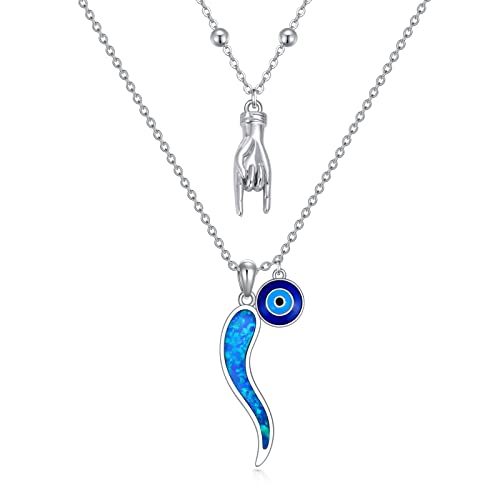 Collier femme argent 925 chaîne double pendentif corne italienne chat fille