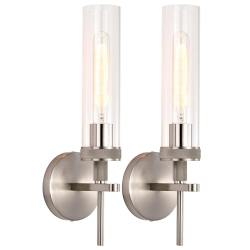 Brushed Nickel Bathroom Vanity Light, Hardwired Wall Sconces Set of 2 with Knurled Texture, Chrome Silver Wall Lamps with Clear Glass Shade, Modern Industrial Bathroom Lighting Fixtures Over Mirror