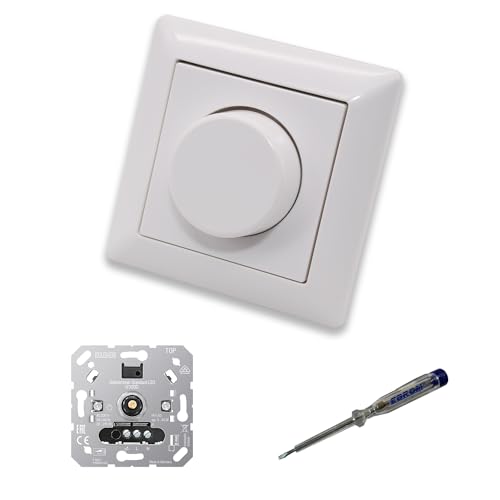 EBROM SET IDEE: JUNG 1730DD LED Drehdimmer LED-Dimmer mit Dimmerscheibe Zentralplatte A1740WW Einfachrahmen in alpinweiß glänzend inklusive EBROM Phasenprüfer zur Montage des Dimmers 1730 DD
