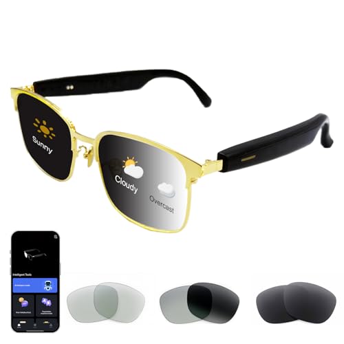 AI-powered smart glasses with weather display, photochromic lenses, and smartphone app integration.