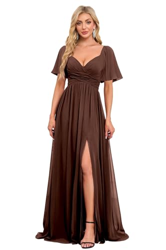 Women's Flutter Sleeves Chiffon Bridesmaid Dresses with Slit Long A Line V-Neck Formal Party Dress with Pockets