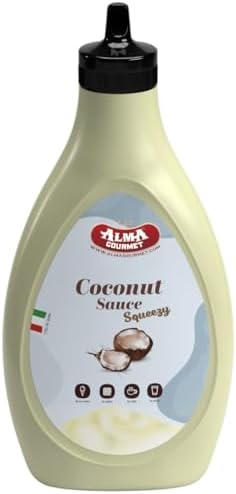 Alma Gourmet Coconut Topping Sauce Imported From Italy - Sweet Creamy Coconut Topping Ideal For Ice Cream, Waffles, Pancakes, Crepes, Pastries, Cakes, Overnight Oats, Drinks & Lattes - Convenient Squeeze Bottle - 17.6oz (500g) - Pack of 2