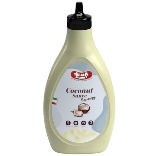 Alma Gourmet Coconut Topping Sauce Imported From Italy - Sweet Creamy Coconut Topping Ideal For Ice Cream, Waffles, Pancakes, Crepes, Pastries, Cakes, Overnight Oats, Drinks & Lattes - Convenient Squeeze Bottle - 17.6oz (500g) - Pack of 2