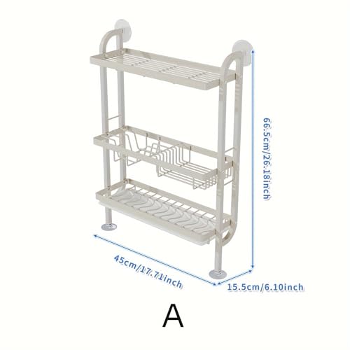 Image of Dish Rack for Worktop, 3-Tier Dish Drainer with Wall Support, No Drilling, Drip Tray & Suction Cups, Cream White.