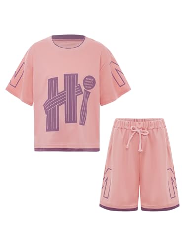 Kids Girls Letter Print Short Sleeve T-shirt And Shorts Sports Tracksuit 2 Pieces for Running Jogging Exercise Pink 7-8 Years - Main Image