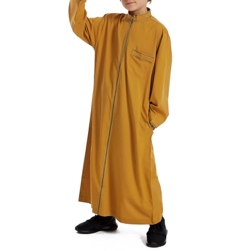 Boys Muslim Kaftan Kids Long Sleeve Muslim Thobe Stand Collar Embroidery Solid Color Eid Robe Prayer Clothes with Pocket3