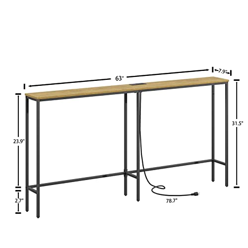 Image of 63 Inch Console Table with Power Outlet,Modern Narrow Long Sofa Table Behind Couch,Skinny Entry Table with Black Metal Frame for Entryway,Living Room, Hallway,3D Oak
