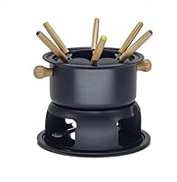 EMPOTEC Set Fonduta per Cioccolato Formaggio Carne Bourguignon Acciaio e Manici in Legno con Bruciatore 1 Litro con Forchettine Incluse 6 Persone Base 20cm Pentola 18cm