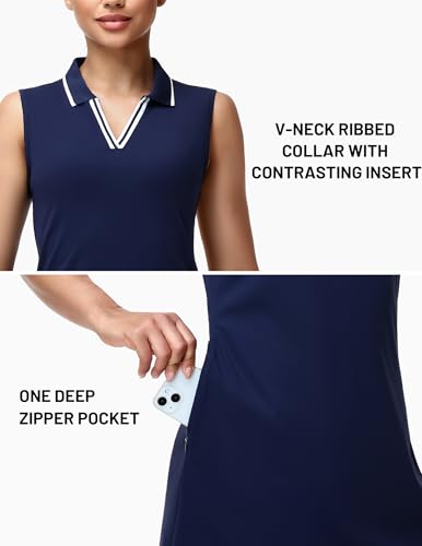 Image of MIER Golf Dresses for Women V Neck Sleeveless Dress with Zip Pocket | For Tennis Pickleball Travel Casual, Soft Breathable, 4-Way Stretch Light Flowy, Ribbed Collar, Reflective Logo, Wrinkle Free