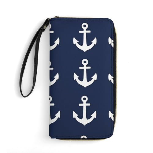 Long PU Zipper Wallet With Rope, Travel Purse Fashion Design, Huge Storage Capacity Wallet, Cute Decor Purse For Men And Women Nautical Anchor Navy