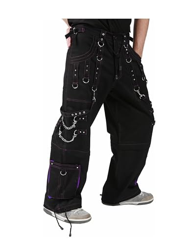 Men Cyber Gothic Bondage Trouser Punk Rock Black Pant with Purple Stitching.2