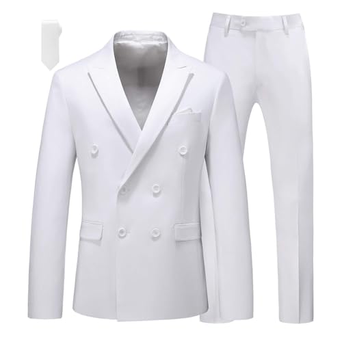 Mogu Terno masculino de 2 peças, caimento justo, blazer e calça com botões duplos, cor lisa, smoking de formatura, Branco, 32