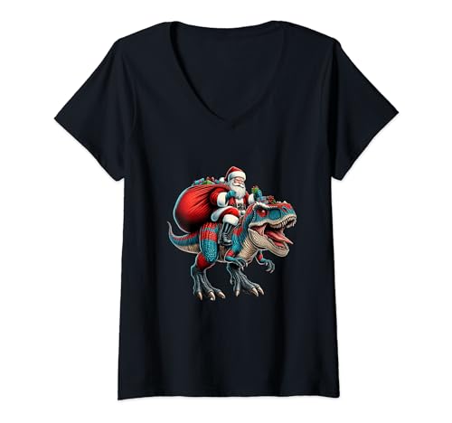 Santa Riding Dinosaur T-rex Funny Kids Girls Christmas Camiseta Cuello V