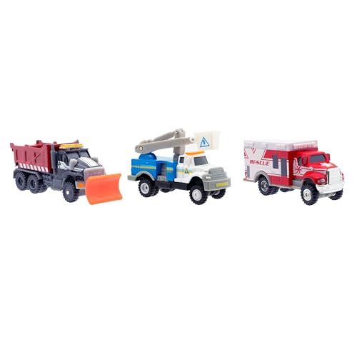 Mighty Fleet Diecast 3-Pack Snow Shovel Cherry Picker and Ambulance Durable 3 Diecast Vehicles for Kids Ages 3+