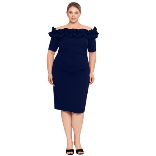Image of Xscape Women's Knee-Length, Off-The-Shoulder, with Ruffled Neckline and Fitted Silhouette (Plus)