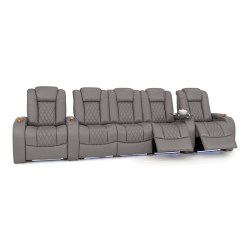Image of Seatcraft Virtuoso LT Gray Italian Leather Home Theater Seating, Zero Gravity Power Recliner, Heat and Massage, Powered Headrest and Lumbar Gaming and Home Office Chair, Row of 5 Middle Loveseats