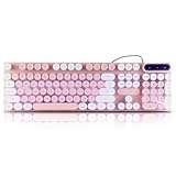 Guiheng Wired Retro Punk Gaming Keyboard with White LED Backlit, 104 Keys Wired Cute Keyboard, Round Keycaps for Windows/Mac/PC(Pink+White)