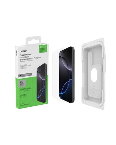 Belkin ScreenForce InvisiGlass Treated Screen Protector for iPhone 16 Pro Max Scratch-Resistant Impact Protection w/Included Easy Align Tray for Bubble Free Application - Made with Recycled Glass