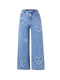 SHENHE Girl's Y2K Heart Applique Elastic High Waist Jeans Wide Leg Loose Denim Pants Light Wash 12Y