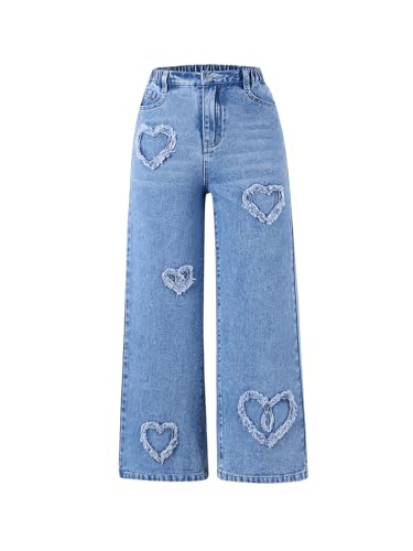 SHENHE Girl's Y2K Heart Applique Elastic High Waist Jeans Wide Leg Loose Denim Pants