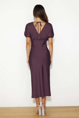 Image of Summer Satin V Neck Puffy Sleeves Empire Waist Midi Dresser Silk Sexy Tie Back Formal Cocktail Dresser for Women Wedding