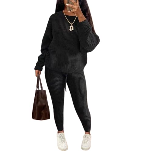 LUXE DIVA Womens Ladies Chunky Knitted Crew Neck Top Bottom Lounge Wear  Tracksuit Set Pcs Knitted Ribbed Tracksuit Women Line Style Winter