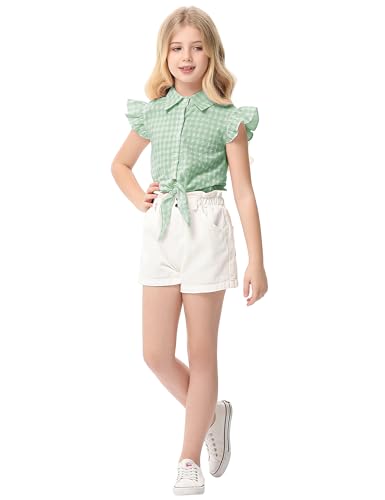 Image of Girls Sleeveless Plaid Button Down Shirt Summer Crop Tops Tie Knot Ruffle Sleeve Shirt Blouse 3-12Y