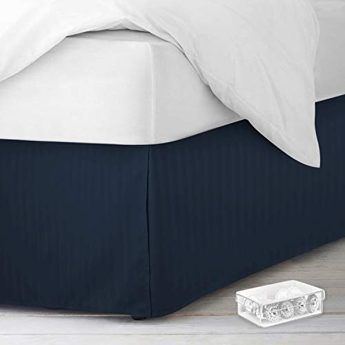 Image of Nestl Full Size Bed Skirt - Damask Dobby Stripe Wrap Around Bed Skirt Full Size - Double Brushed Microfiber 14 in Tailored Drop Pleated Bed Ruffle with Bed Skirt Pins - Navy