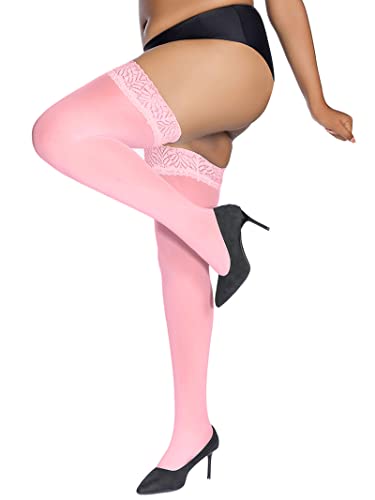 Image of HONENNA Plus Size Thigh High Stockings, Semi Sheer Stay Up Lingerie Lace Top Pantyhose for Curvy Women