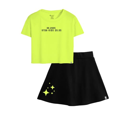 Image of KYDA KIDS 100% Pure Cotton Girls Printed Crop Top and Skirt with Attached Inner shorts Co-ords Set