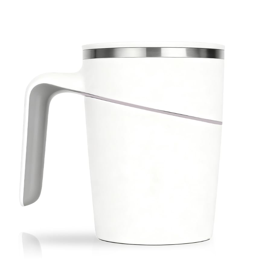 Taza antiderrame, 470 ml, con asa, taza isotérmica de acero inoxidable con base ventosa y tapa antifugas, caliente y frío, color blanco