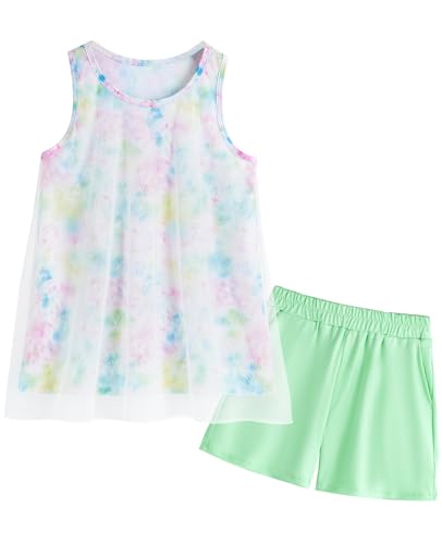 Image of Gogokids Girls 2 Piece Activewear Set, Tulle Sleeveless Tank Tops and Athletic Shorts