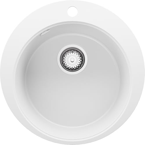 PRIMAGRAN Evier cuisine Granit Rond Blanc 50x50cm, Evier 1 bac + Kit de Vidage, Lavabo Cuisine al mueble 45cm - Pise S002