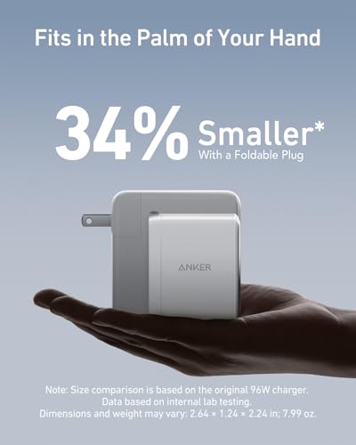 Image of Anker Nano 100W USB-C Charger, 3-Port Fast Compact GaN Charger for MacBook Pro /Air, Pixelbook, ThinkPad, Dell XPS, iPad Pro, iPhone 15 Series, Galaxy S23, and More (USB-C to USB-C Cable Included)