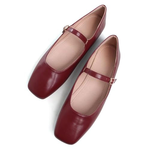 Stunner Women's Mary Jane Flats Fashion Square Toe Soft Ballet Flats Comfort Leather Office Driving Flat Shoes Dark red 37(6.5) 2