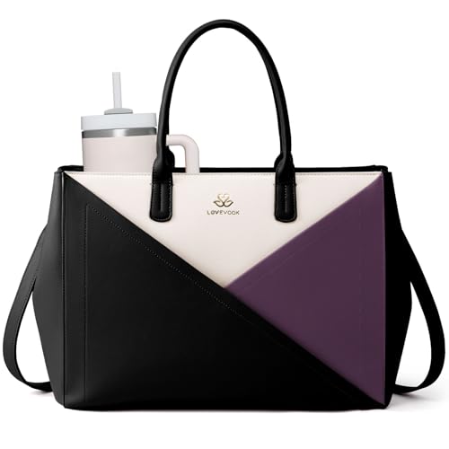 Image of LOVEVOOK Laptop Work Tote Bag for Women with Large Cup Holder, 16 Inch | Computer Bags Business Office Briefcase Handbag, Teacher Tote Bag, Double Laptop Protection, PU Leather, Large Capacity