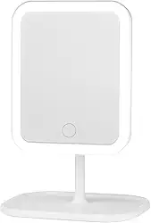 Espelho de Mesa Recarregável com Luz de LED 3 Tons Ângulo Ajustável Base Porta Objetos para Maquiagem e Beleza