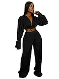 2 Piece Fall Outfits for Women Drawstring Sleeves Self Tie Front Crop Top Elastic Waist Pleated Long
