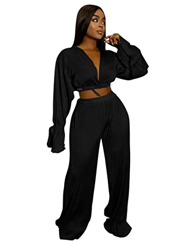 2 Piece Fall Outfits For Women Drawstring Sleeves Self Tie Front Crop Top Elastic Waist Pleated Long Pants Set Tracksuit #TOP8
