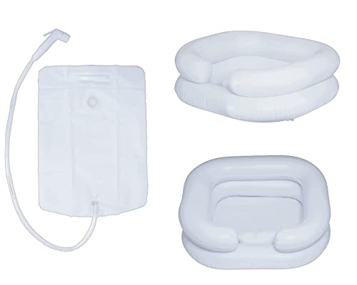 Lavabo gonflable pour les cheveux avec coussin intégré, réservoir d'eau, douchette. Bac à shampoing/lave-tête domicile pour personne alitée, handicapée ou âgée pour réaliser un shampoing