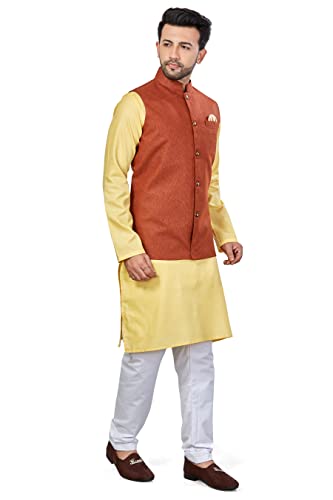 Image of BE ACTIVE Linen Blend Solid Pattern Trendy Comfortable Stylish Full Sleeve Kurta Pajama Set with Jacket Nehru Style Koti for Men's Ethnic Wear