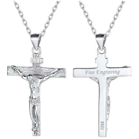 ChicSilver Crucifix Necklace Engrave 925 Sterling Silver Cross Pendant Necklace for Men Women Personalized Catholic INRI Cross With Jesus on It Necklace Cover