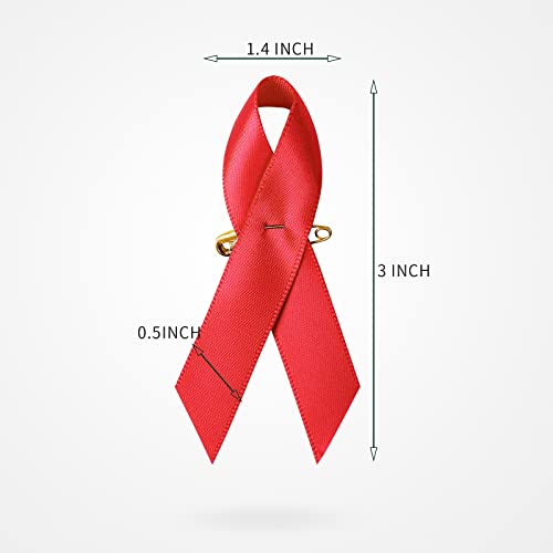 Image of 100 Pieces Red Satin Awareness Ribbons with Safety Pins for Fighting Against AIDS and HIV 1.4 x 3 inch